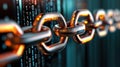 glowing blockchain network with interconnected metallic chains and binary code in background, symbolizing digital security and Royalty Free Stock Photo