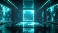 Glowing Blue Abstract Data Cube in Reflective Dark Hallway With Neon Lights Royalty Free Stock Photo