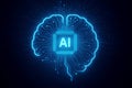 Glowing blue AI brain circuit board with central processor artificial intelligence technology Royalty Free Stock Photo