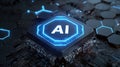 Glowing Blue AI Chip on Dark Futuristic Circuit Board with Hexagonal Patterns Royalty Free Stock Photo
