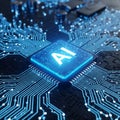 AI microchip glowing in blue on digital circuit board showing advanced technology, electronic hardware, innovation, and modern com Royalty Free Stock Photo