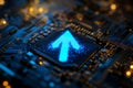 Glowing blue arrow rises above futuristic circuit board Royalty Free Stock Photo