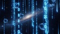 Blue digital code streams and geometric shapes float in front of a distant galaxy binary code numbers Royalty Free Stock Photo