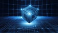 Glowing blue blockchain cube levitating over black grid floor with encrypted transaction display