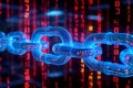 Glowing blue blockchain links with red digital data background Royalty Free Stock Photo