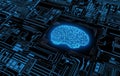 Glowing blue brain circuit on a microchip on a computer motherboard represents stock hardware, suitable for big data