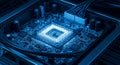 Glowing Blue Central Processing Unit on a Circuit Board with Connected Wires processor microchip Royalty Free Stock Photo