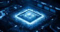Glowing Blue Central Processing Unit ( CPU) on a Computer Motherboard processor technology Royalty Free Stock Photo