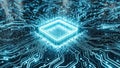Glowing Blue Central Processing Unit Microchip on a Circuit Board Background processor computer Royalty Free Stock Photo