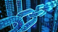 Glowing blue chain of binary links symbolizes data connection or blockchain tech. Dark backdrop. Ai Generated Royalty Free Stock Photo