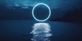 Glowing blue circle over calm water at night with dramatic sky and mountains Royalty Free Stock Photo