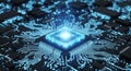 Glowing Blue Circuit Board with Central CPU and Intricate Traces technology computer Royalty Free Stock Photo