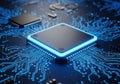 Glowing blue circuit board with central processor chip Royalty Free Stock Photo