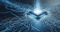 Glowing blue circuit board with a central processor emitting bright light and digital energy streams Royalty Free Stock Photo