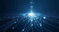 Glowing blue circuit board pathways converge toward central processing unit showing data connection Royalty Free Stock Photo