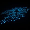 A glowing blue circuit board pattern on a dark background, resembling a microchip