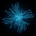 Glowing blue circuit lines on a black background form a symmetrical pattern Royalty Free Stock Photo