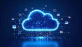 A glowing blue cloud icon, composed of digital code, sits above Royalty Free Stock Photo