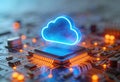Glowing blue cloud icon on computer chip, symbolizing cloud computing and data processing Royalty Free Stock Photo