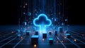 Glowing blue cloud icon with data streams and cubes on grid technology digital Royalty Free Stock Photo