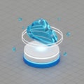 Glowing blue cloud icon floating above a futuristic podium with orbiting elements on a grid background Royalty Free Stock Photo
