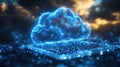 A glowing blue cloud icon hovers over a laptop keyboard, representing cloud computing and data storage Royalty Free Stock Photo