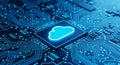 Cloud computing concept with glowing cloud icon on a microchip circuit board representing modern technology Royalty Free Stock Photo