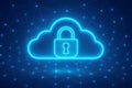 Glowing blue cloud icon with a padlock symbol on a digital network background security Royalty Free Stock Photo