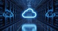 Glowing blue cloud icon symbolizing cloud computing services in a modern data center with server racks Royalty Free Stock Photo