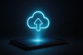 Glowing blue cloud icon with an upload arrow emerging from a tablet screen in darkness cloud computing Royalty Free Stock Photo