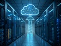 Digital cloud upload ascending through server room data center Royalty Free Stock Photo