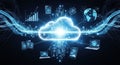 A glowing blue cloud with interconnected digital devices and data streams in a futuristic technology network Royalty Free Stock Photo