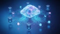 A glowing blue cloud with intricate circuit connections linking multiple servers and databases in a futuristic digital environment Royalty Free Stock Photo