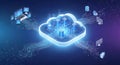 A glowing blue cloud surrounded by various digital devices and data streams in a futuristic cyberpunk setting Royalty Free Stock Photo