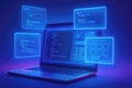 Glowing Blue Code on Laptop Screen and Floating Windows computer programming Royalty Free Stock Photo