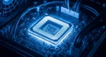 Glowing Blue Computer CPU Processor on a Circuit Board with Cables microchip technology Royalty Free Stock Photo