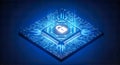 Glowing blue computer microchip featuring bright white padlock symbol isometric view digital data protection cybersecurity system Royalty Free Stock Photo