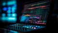 Glowing blue computer monitor illuminates recording studio mixing generated by AI