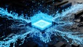 Glowing blue CPU processor with intricate circuits and light particles emanating outwards computer Royalty Free Stock Photo