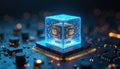 Glowing blue cube with circuitry rests on computer chip. Futuristic digital data processing and artificial intelligence concept. Royalty Free Stock Photo