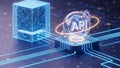 API concept with glowing data cube and digital network connections application programming Royalty Free Stock Photo