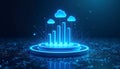 Glowing blue digital bar graph with clouds and data streams technology bars Royalty Free Stock Photo