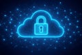 Glowing blue digital cloud with padlock icon and network connections on dark background cloud computing Royalty Free Stock Photo