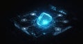 A glowing blue digital cloud icon, representing cloud computing, is at the center of