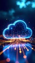 Glowing Blue Digital Cloud Symbol Connected to Data Streams and Circuits Royalty Free Stock Photo