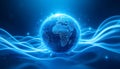 Glowing blue digital earth orb surrounded by luminous energy waves Royalty Free Stock Photo