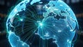Glowing blue digital globe with interconnected lines representing global network connections and data flow Royalty Free Stock Photo