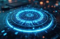 Glowing blue digital interface with abstract circular patterns. Futuristic tech HUD element. Data streams flow, creating an Royalty Free Stock Photo