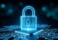 Glowing blue digital padlock on computer chip security Royalty Free Stock Photo