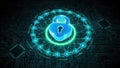 A glowing blue digital padlock icon centered on a complex circuit board with binary data streams Royalty Free Stock Photo